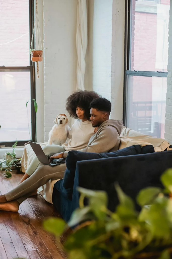 Young black couple with dog sharing laptop on couch