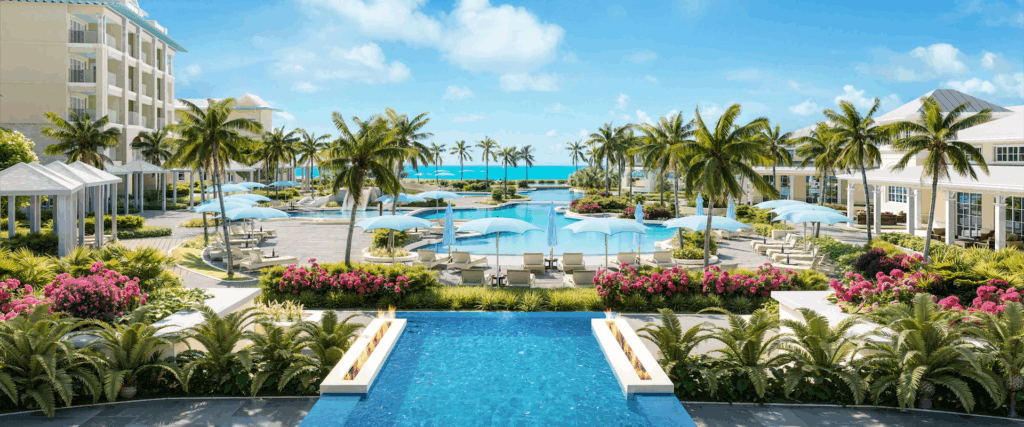 Open beach and palm trees on resort