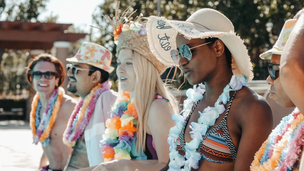 Group of friends enjoying a sunny pool party with leis and sun hats, celebrating together.
