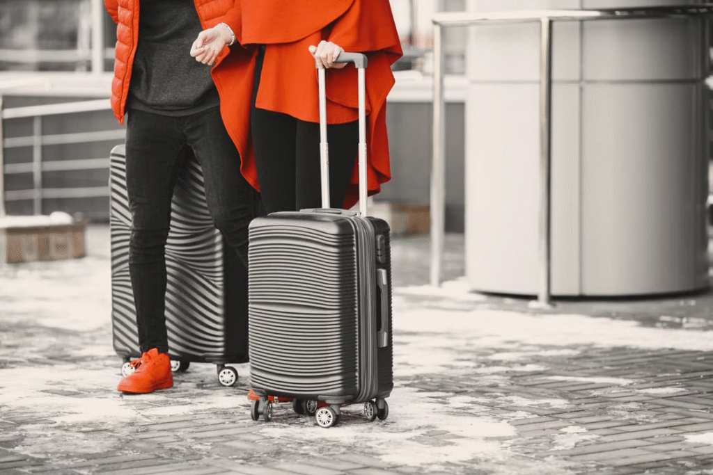 A fashionable couple in winter attire with sleek luggage, standing outdoors on a snowy day